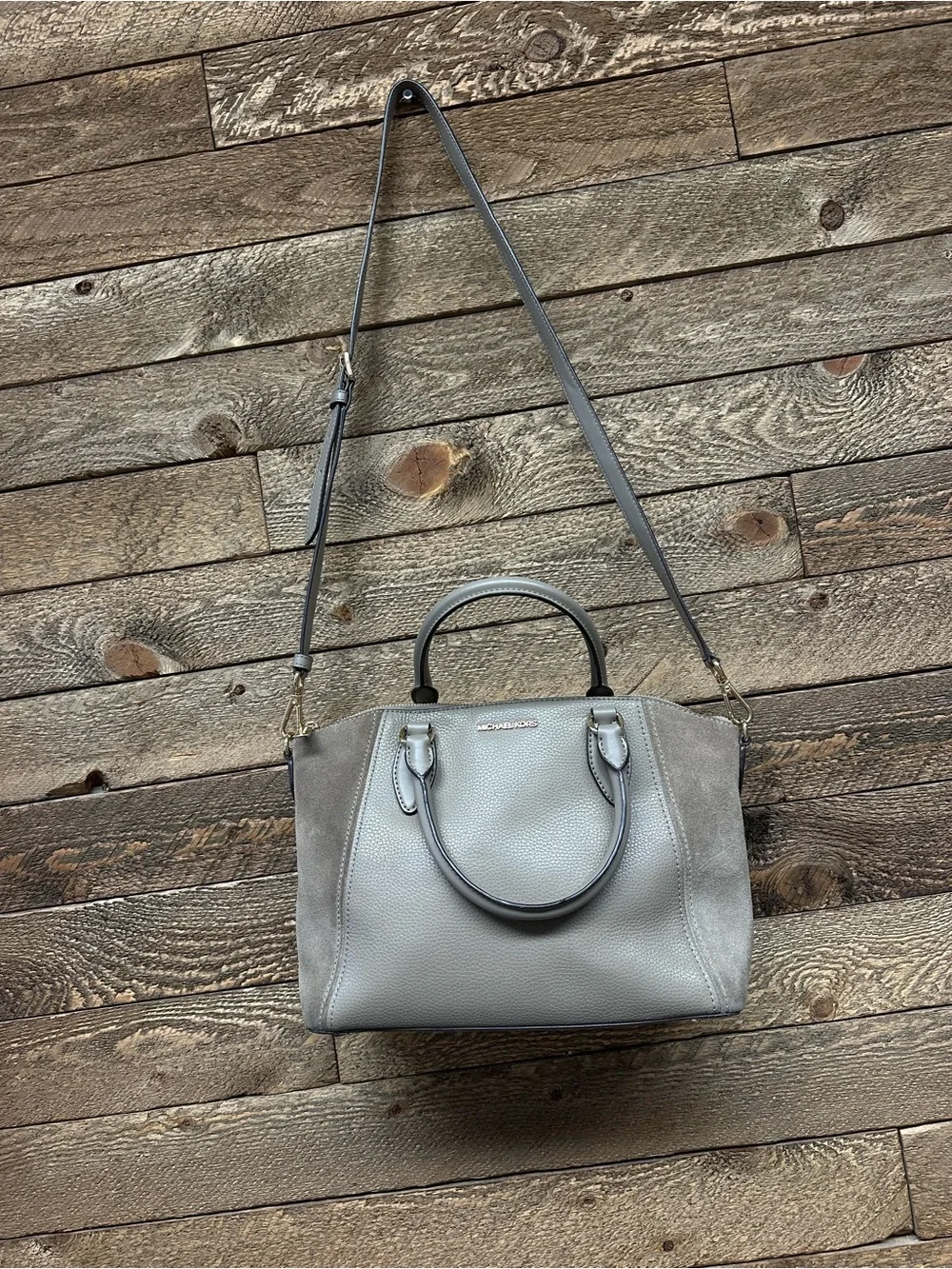 Michael Kors Taupe Pebbled Leather & Suede Satchel Crossbody Bag